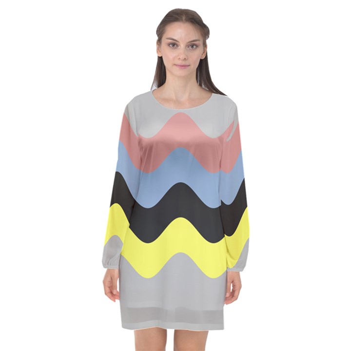 Wave Waves Chevron Sea Beach Rainbow Long Sleeve Chiffon Shift Dress 