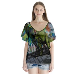 Urban T-rex Flutter Sleeve Top by Valentinaart