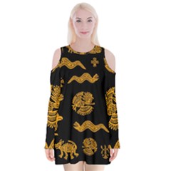 Aztecs Pattern Velvet Long Sleeve Shoulder Cutout Dress by Valentinaart