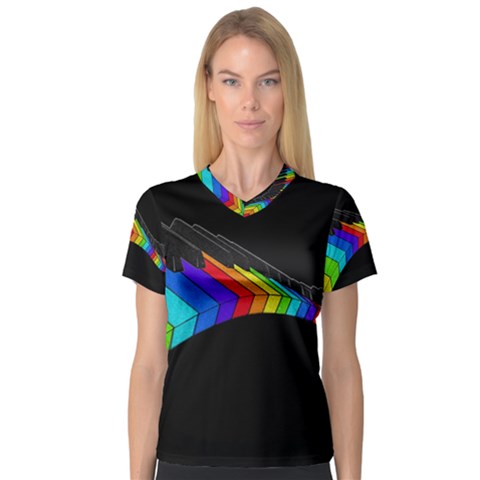 Rainbow Piano  Women s V-neck Sport Mesh Tee by Valentinaart