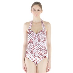 Transparent Decorative Lace With Roses Halter Swimsuit