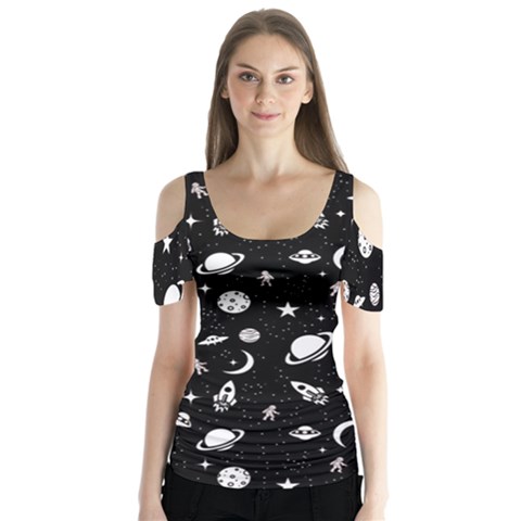 Space Pattern Butterfly Sleeve Cutout Tee  by ValentinaDesign