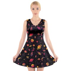 Space Pattern V-neck Sleeveless Skater Dress by ValentinaDesign