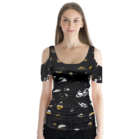 Space Pattern Butterfly Sleeve Cutout Tee  by ValentinaDesign