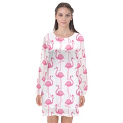 Pink Flamingos Pattern Long Sleeve Chiffon Shift Dress 