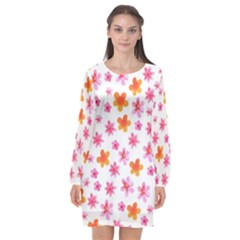 Watercolor Summer Flowers Pattern Long Sleeve Chiffon Shift Dress 