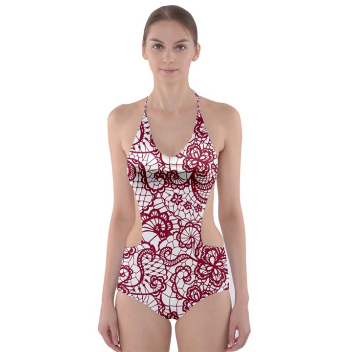 Transparent Lace With Flowers Decoration Cut-Out One Piece Swimsuit