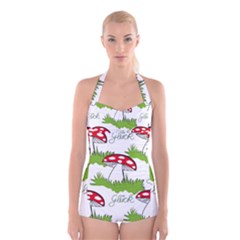 Mushroom Luck Fly Agaric Lucky Guy Boyleg Halter Swimsuit  by Nexatart