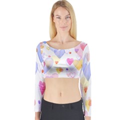 Watercolor Cute Hearts Background Long Sleeve Crop Top by TastefulDesigns