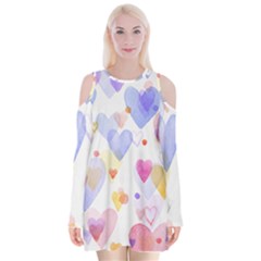 Watercolor Cute Hearts Background Velvet Long Sleeve Shoulder Cutout Dress by TastefulDesigns