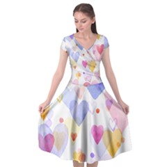 Watercolor Cute Hearts Background Cap Sleeve Wrap Front Dress