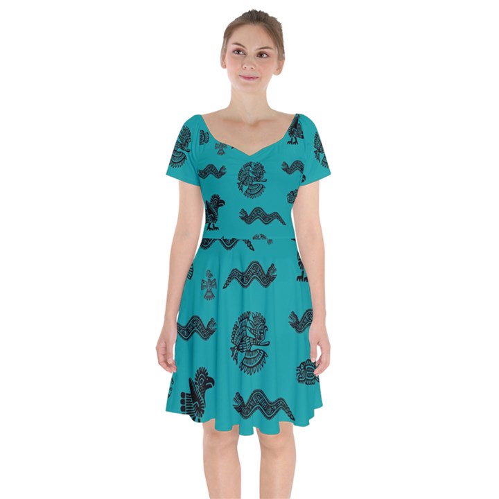 Aztecs pattern Short Sleeve Bardot Dress