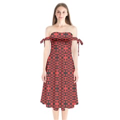 Abstract Background Red Black Shoulder Tie Bardot Midi Dress