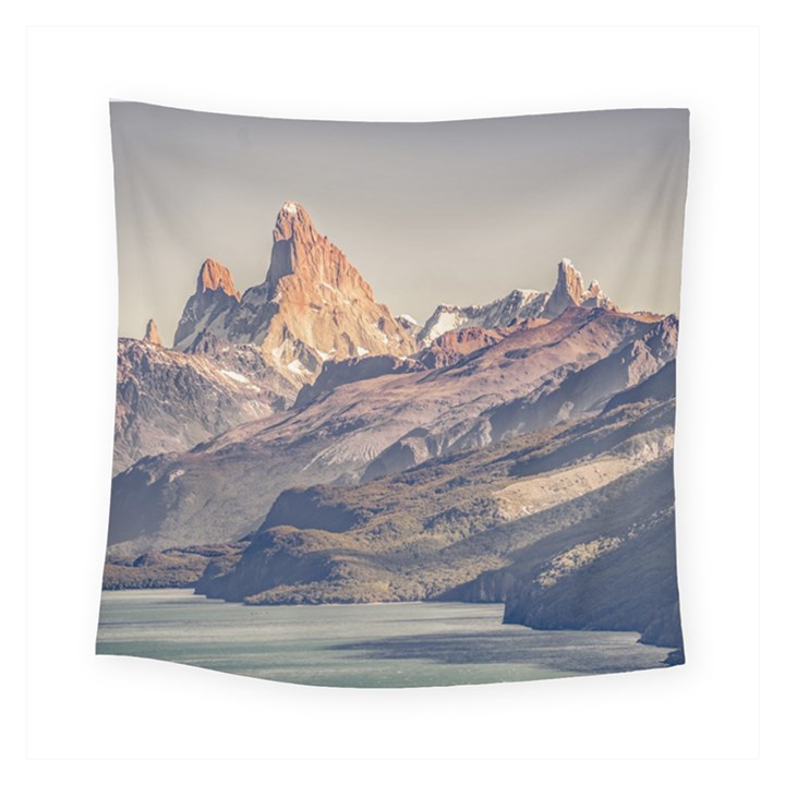 Fitz Roy And Poincenot Mountains Lake View   Patagonia Square Tapestry (Small)