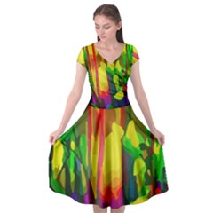 Abstract Vibrant Colour Botany Cap Sleeve Wrap Front Dress