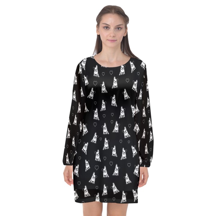 French bulldog Long Sleeve Chiffon Shift Dress 