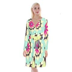 Pink Flower Long Sleeve Velvet Front Wrap Dress