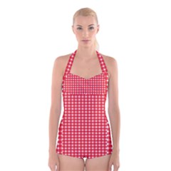 Pattern Diamonds Box Red Boyleg Halter Swimsuit  by Nexatart