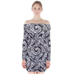 Gray Scale Pattern Tile Design Long Sleeve Off Shoulder Dress by Nexatart