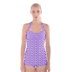 Pattern Background Violet Flowers Boyleg Halter Swimsuit  by Nexatart