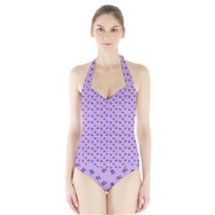 Pattern Background Violet Flowers Halter Swimsuit by Nexatart