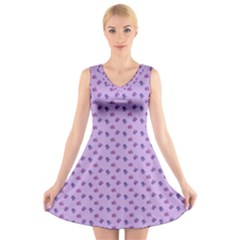 Pattern Background Violet Flowers V-neck Sleeveless Skater Dress by Nexatart