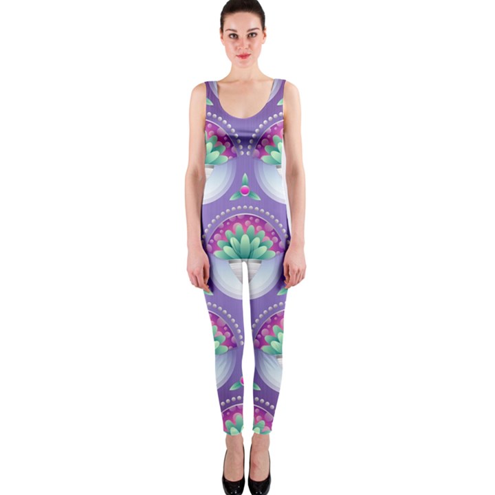 Background Floral Pattern Purple OnePiece Catsuit