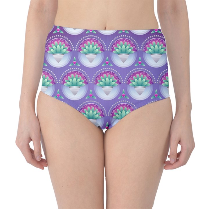 Background Floral Pattern Purple High-Waist Bikini Bottoms