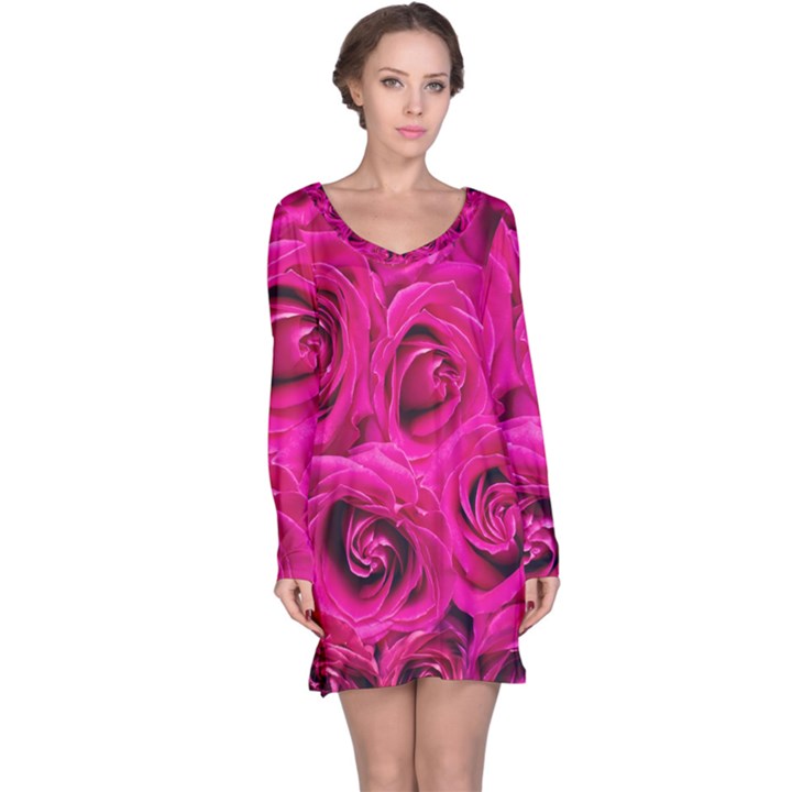 Pink Roses Roses Background Long Sleeve Nightdress