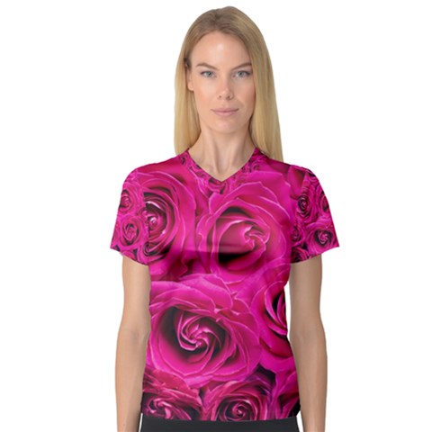 Pink Roses Roses Background Women s V-neck Sport Mesh Tee by Nexatart