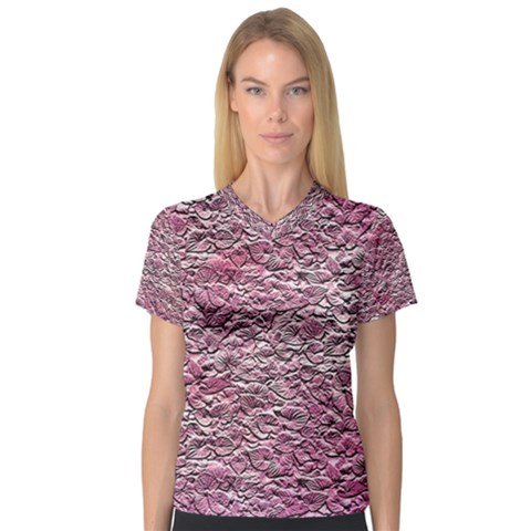 Leaves Pink Background Texture Women s V-neck Sport Mesh Tee by Nexatart