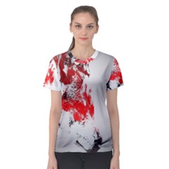 Red Black Wolf Stamp Background Women s Sport Mesh Tee