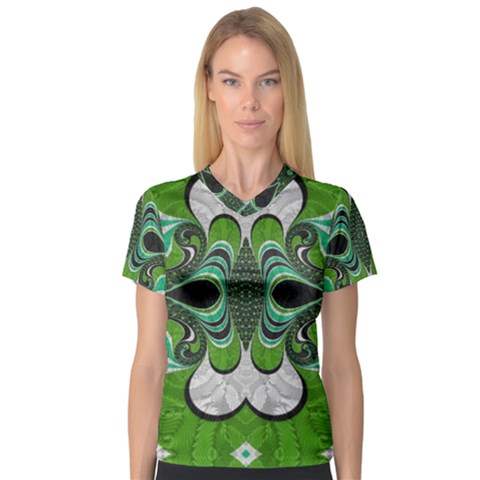 Fractal Art Green Pattern Design Women s V-neck Sport Mesh Tee by Nexatart