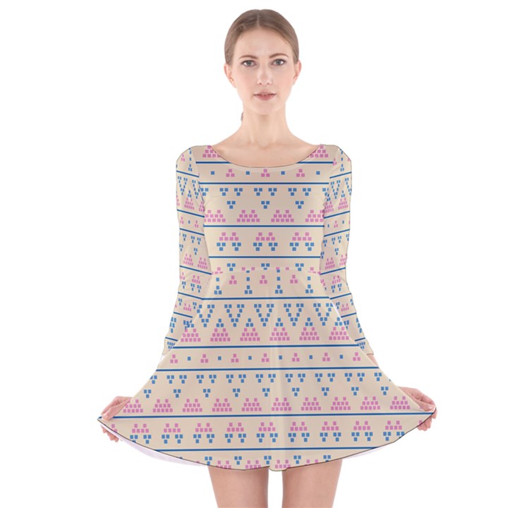 blue and pink tribal pattern Long Sleeve Velvet Skater Dress