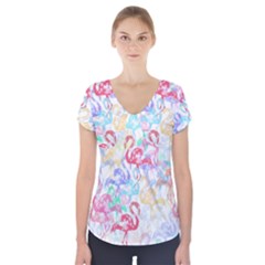 Flamingo Pattern Short Sleeve Front Detail Top by Valentinaart