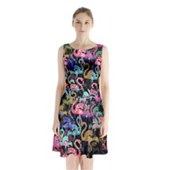 Flamingo Pattern Sleeveless Waist Tie Chiffon Dress by Valentinaart