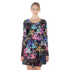 Flamingo Pattern Long Sleeve Velvet V-neck Dress by Valentinaart