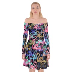 Flamingo Pattern Off Shoulder Skater Dress by Valentinaart