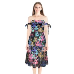 Flamingo Pattern Shoulder Tie Bardot Midi Dress by Valentinaart