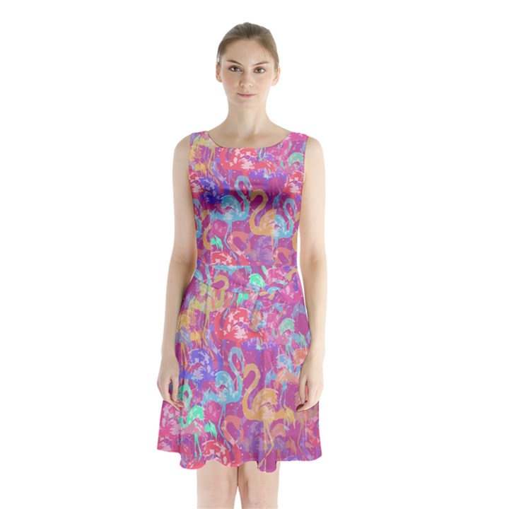 Flamingo pattern Sleeveless Waist Tie Chiffon Dress