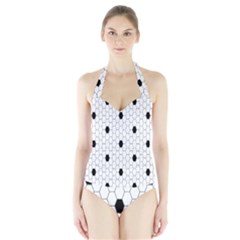 Black White Hexagon Dots Halter Swimsuit