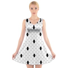 Black White Hexagon Dots V-neck Sleeveless Skater Dress by Mariart