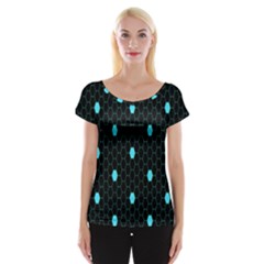 Blue Black Hexagon Dots Women s Cap Sleeve Top