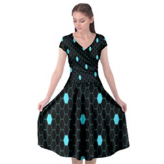 Blue Black Hexagon Dots Cap Sleeve Wrap Front Dress