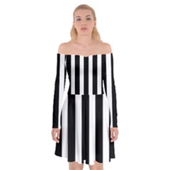 Black White Line Vertical Off Shoulder Skater Dress