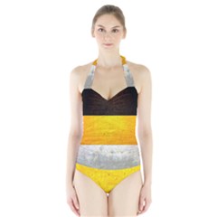 Wooden Board Yellow White Black Halter Swimsuit by Mariart