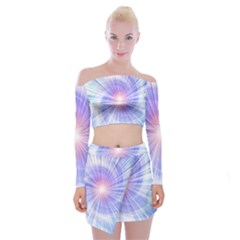 Creation Light Blue White Neon Sun Off Shoulder Top With Skirt Set by Mariart