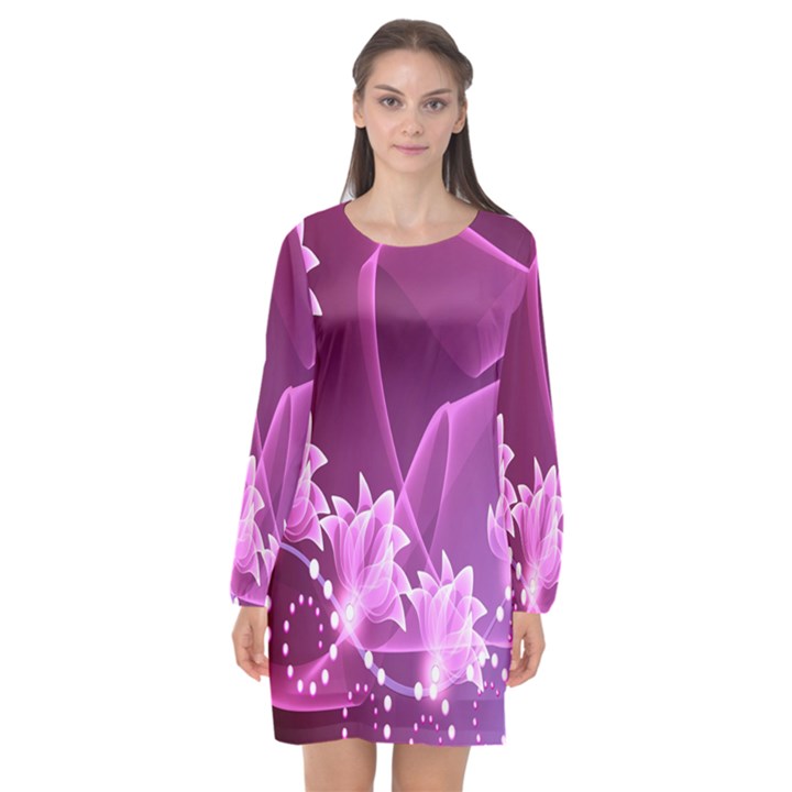 Lotus Sunflower Sakura Flower Floral Pink Purple Polka Leaf Polkadot Waves Wave Chevron Long Sleeve Chiffon Shift Dress 