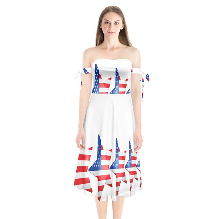 Multiple Us Flag Stars Line Slide Shoulder Tie Bardot Midi Dress