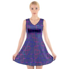 Grid Lines Square Pink Cyan Purple Blue Squares Lines Plaid V-neck Sleeveless Skater Dress by Mariart